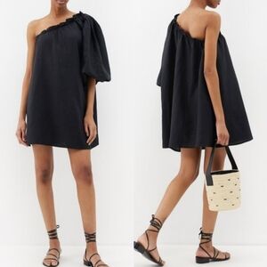 Posse Milla Puff -Sleeve Black One-Shoulder Linen Dress‎
